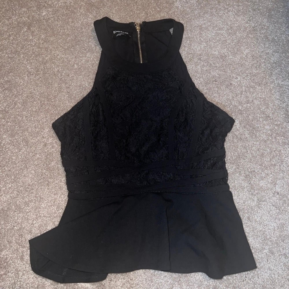 Bebe Black Sleeveless Lace Peplum Top - small